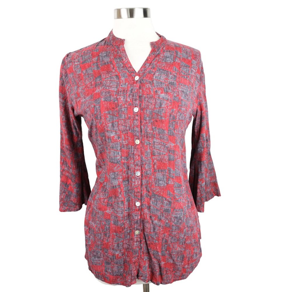 Vintage Soch Women's L Lightweight 3/4 Bell Sleeve Red Abstract Button Blouse